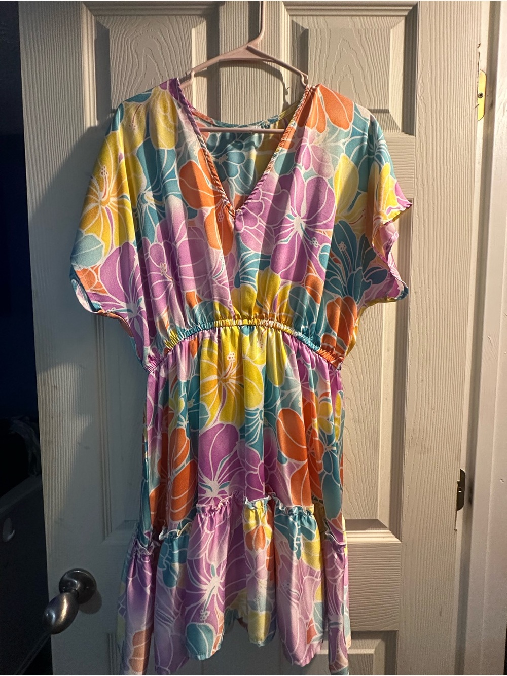 Tiered V-Neck Floral Mini Dress in Yellow, Purple, Teal & Orange